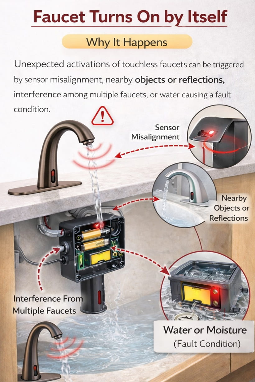 Infrared motion sensor detecting hand movement near faucet spout