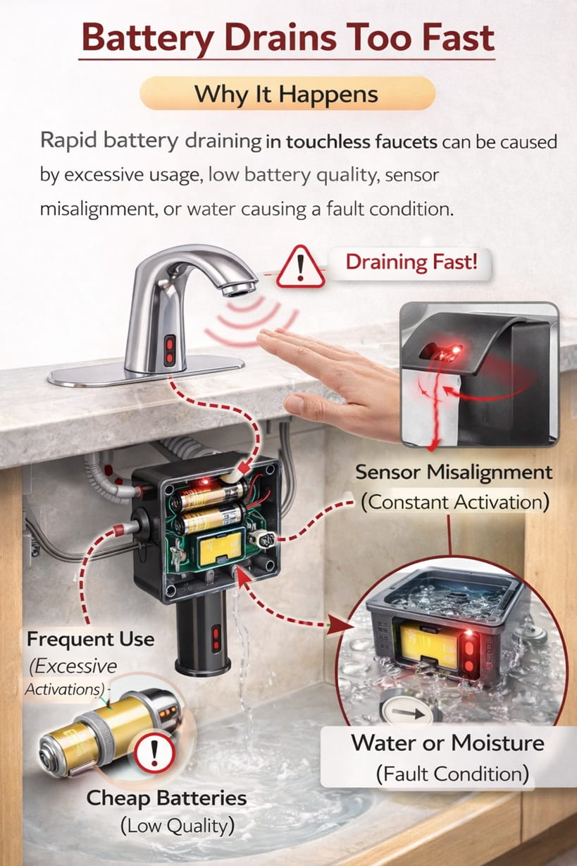 Battery pack and control box installed under a touchless sink faucet