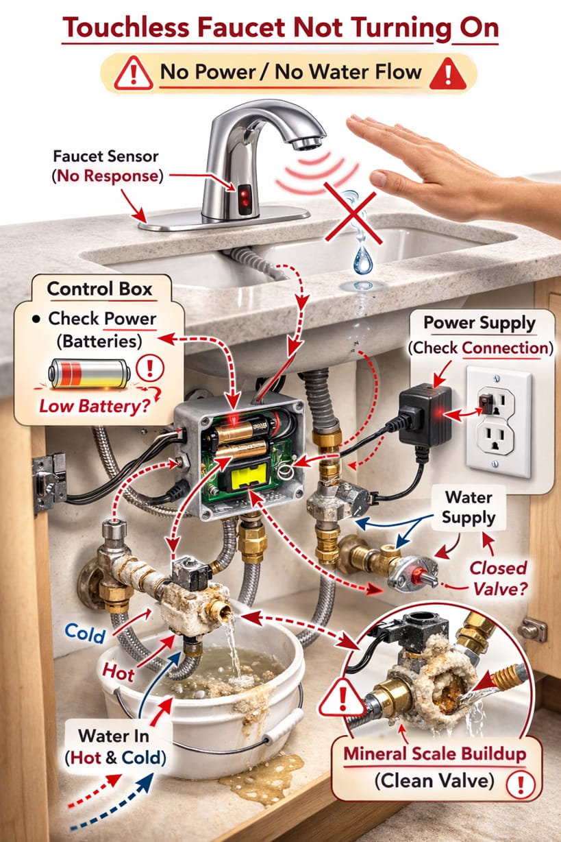 Internal electronic control module and infrared sensor inside a touchless faucet