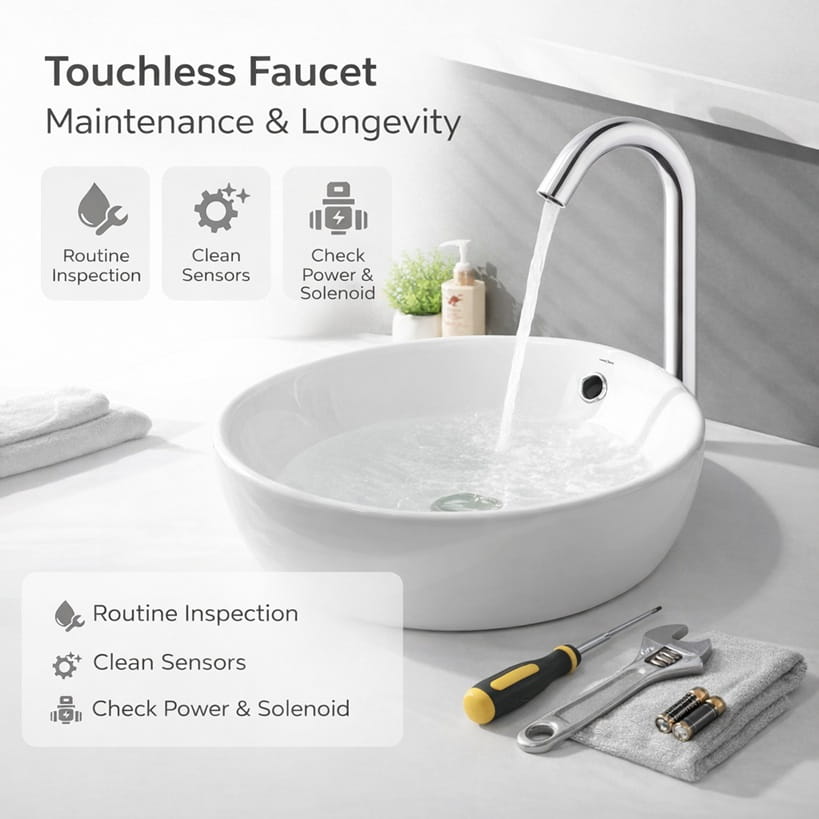 Modern commercial touchless faucet installation demonstrating maintenance accessibility