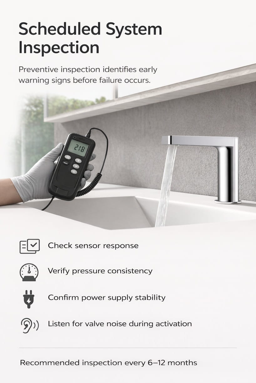 Routine inspection of commercial touchless faucet system