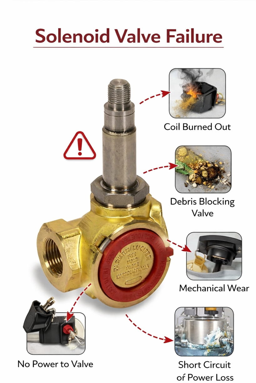 Close-up brass solenoid valve coil and internal plunger assembly