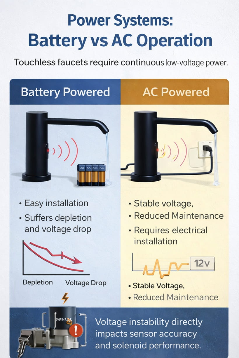 Battery powered control module under sink touchless faucet
