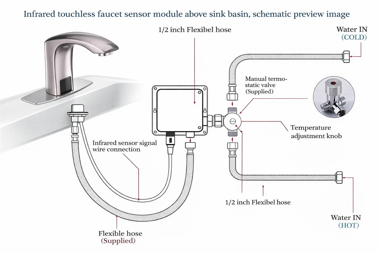 Infrared touchless faucet sensor module above sink basin, schematic preview image