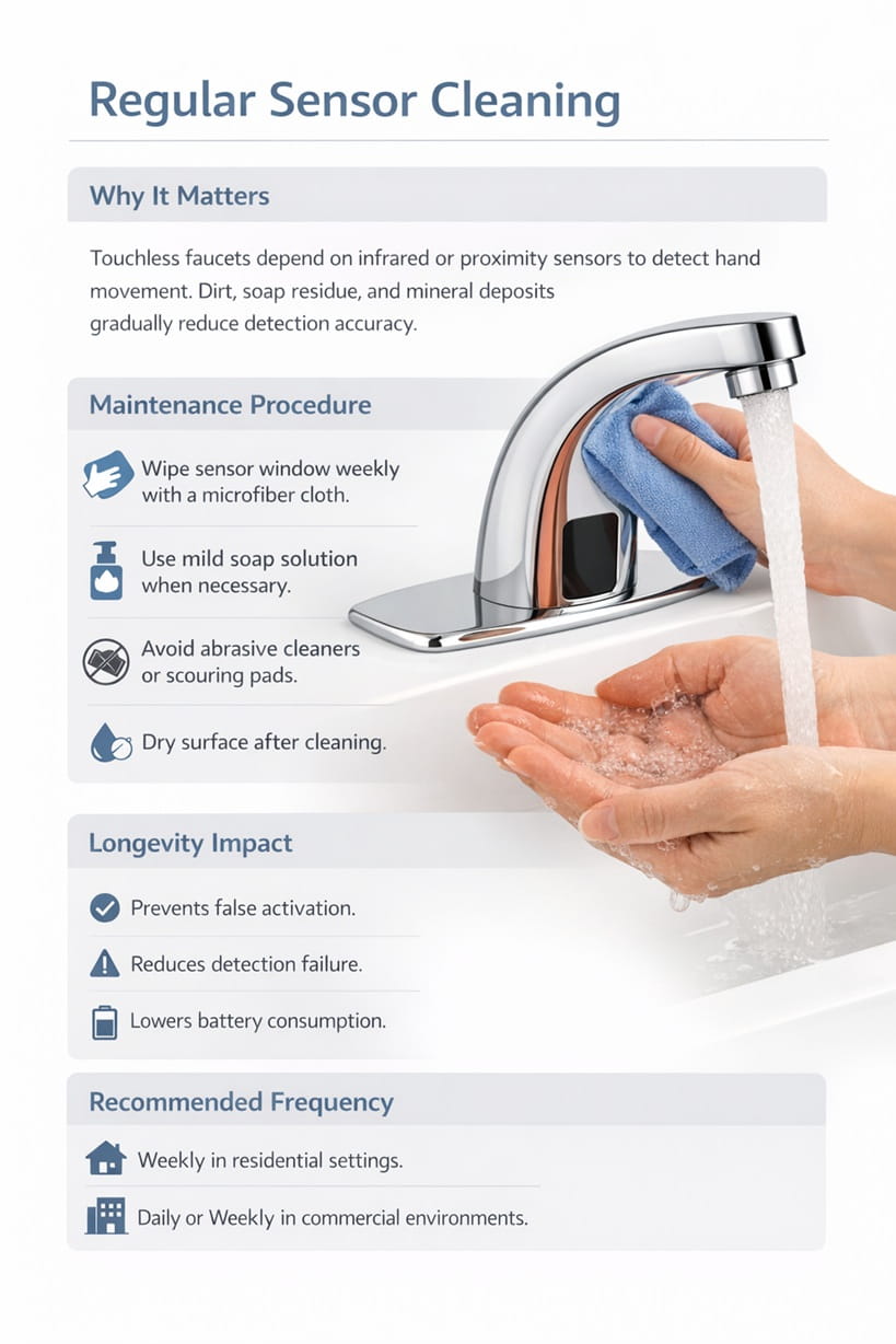 Infrared sensor window cleaning on automatic faucet system