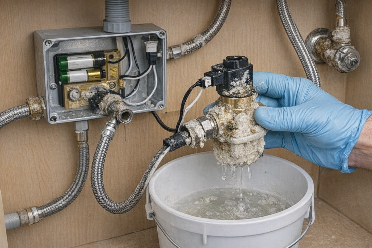 Touchless faucet solenoid valve assembly with mineral scale buildup, service access under sink