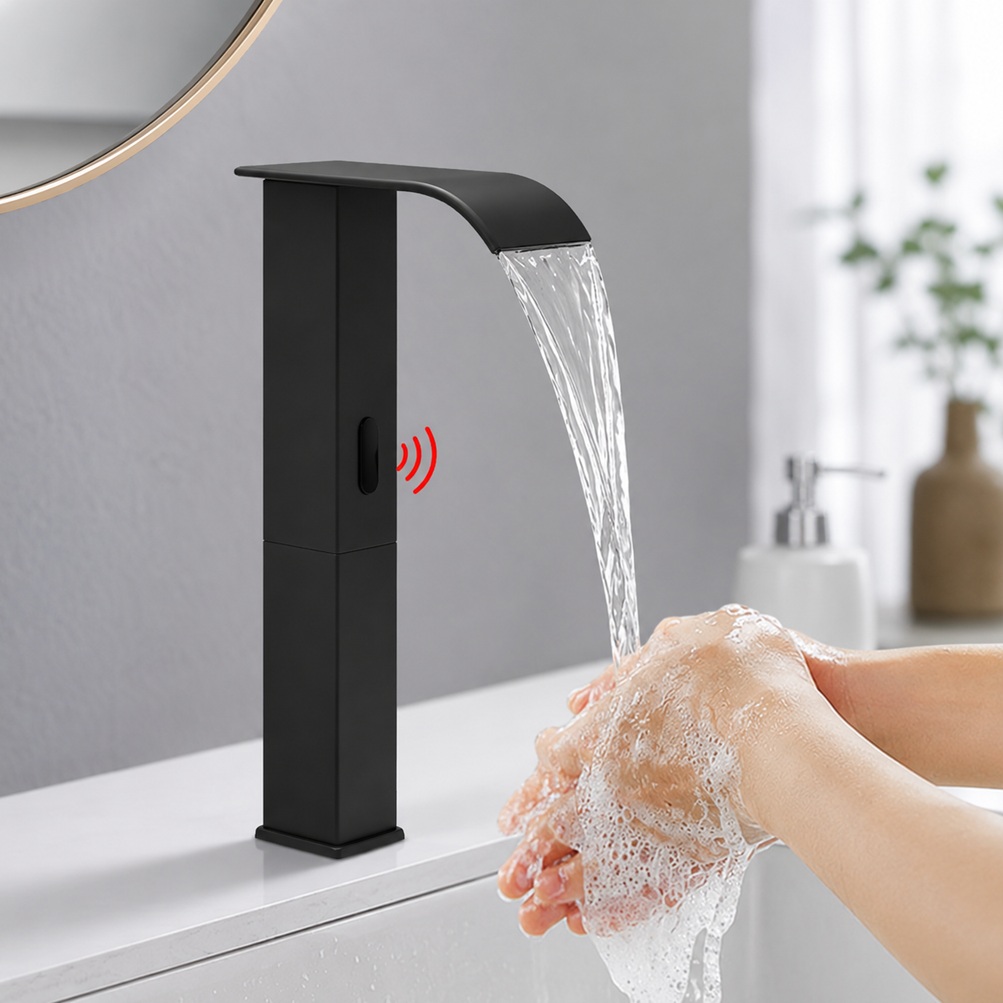 Commercial restroom handwashing station with coordinated fixtures