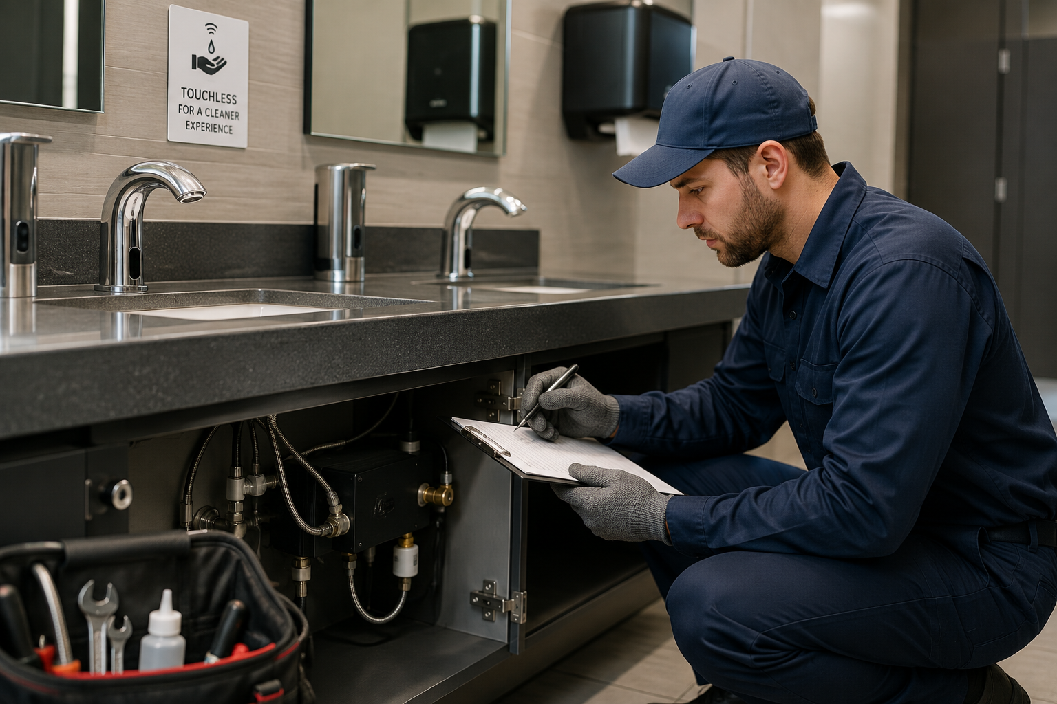 Maintenance technician inspecting a commercial touchless faucet installation