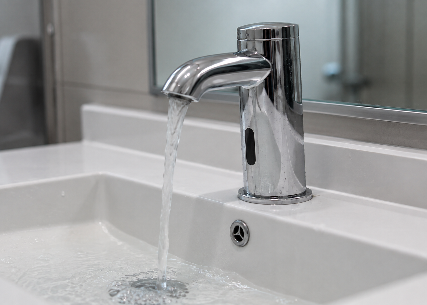 Commercial restroom with touchless faucets