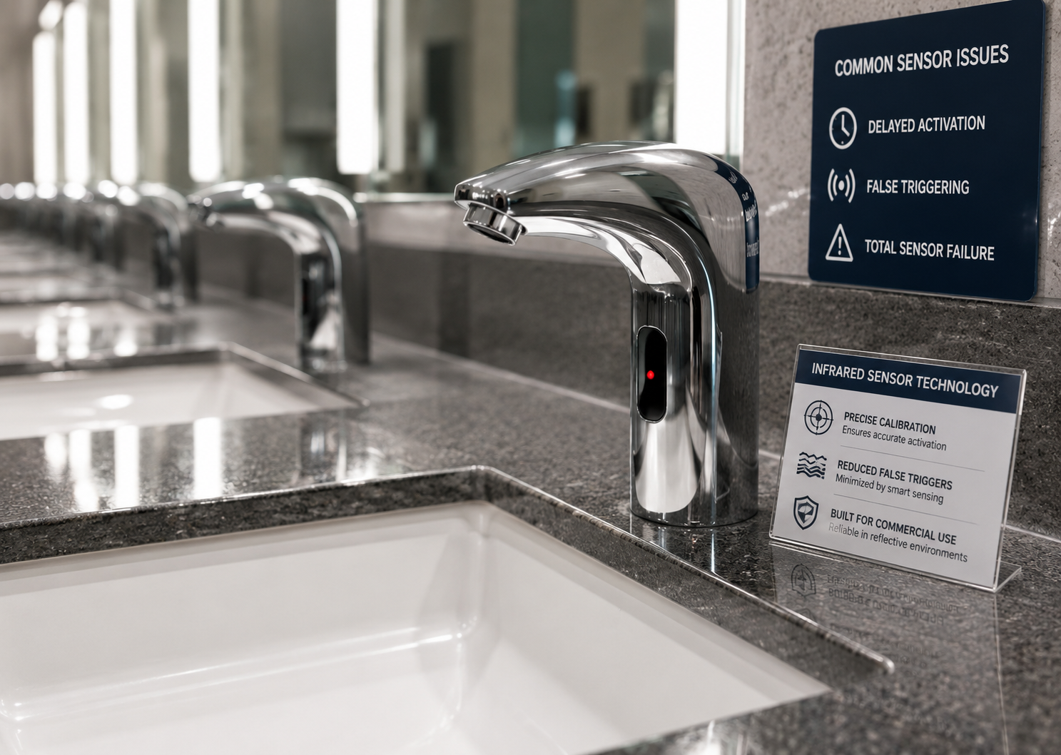Broken touchless faucet sensor in public restroom