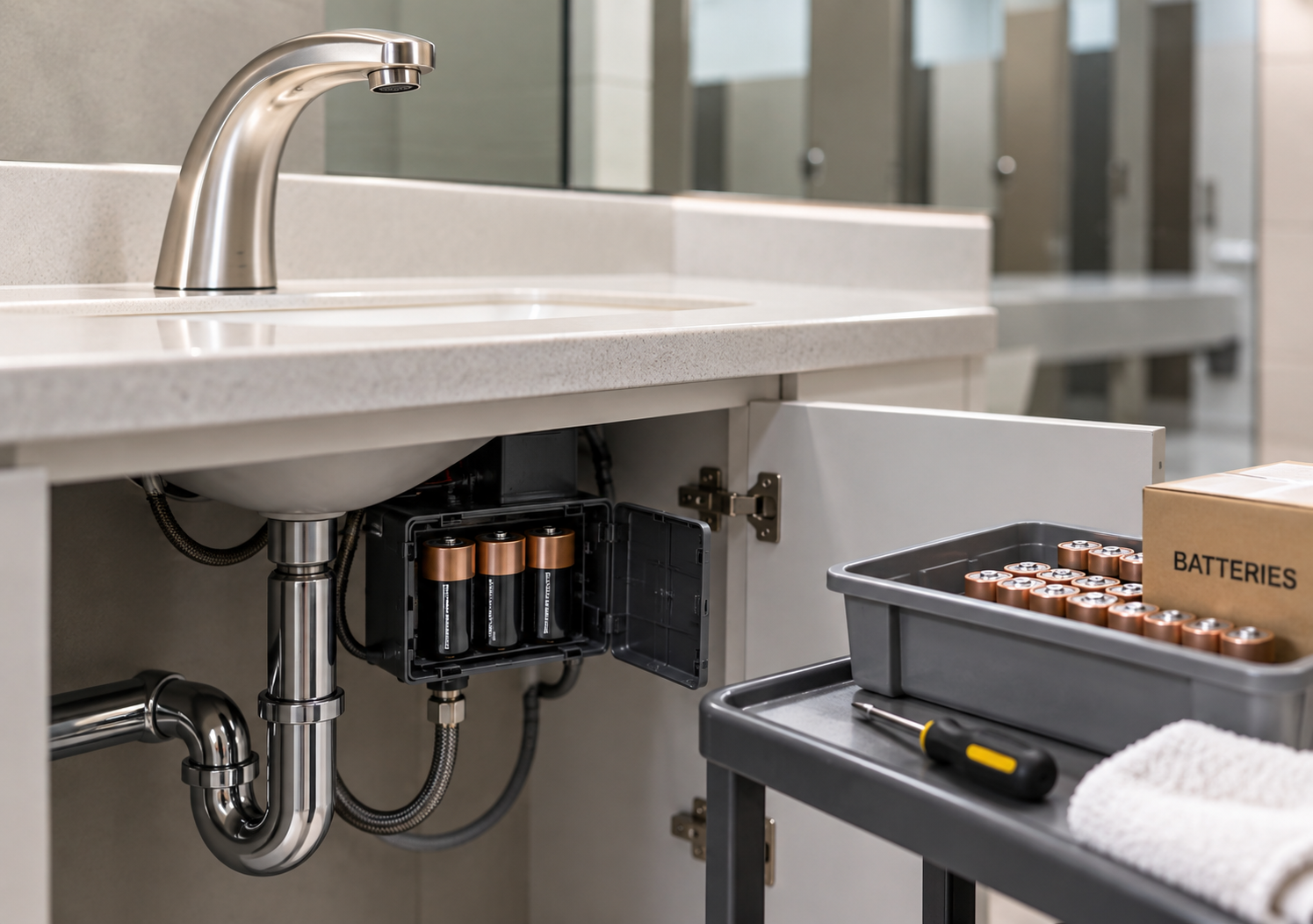 Maintenance technician replacing faucet batteries