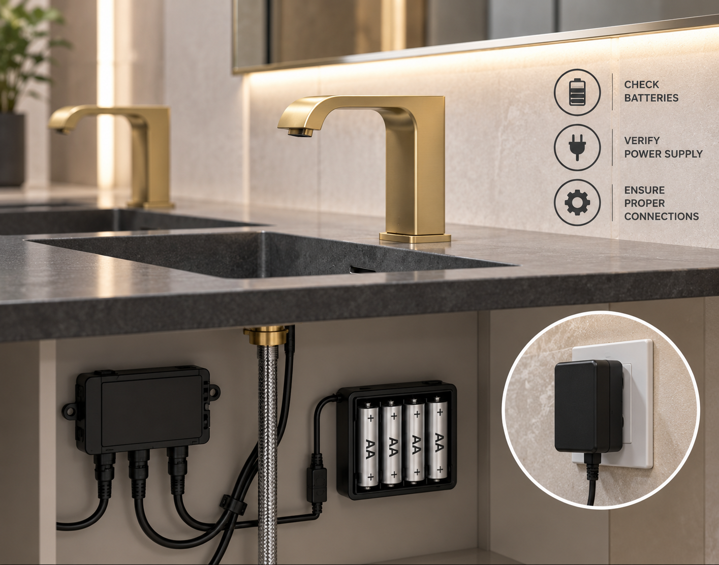 Touchless faucet batteries and wiring being checked