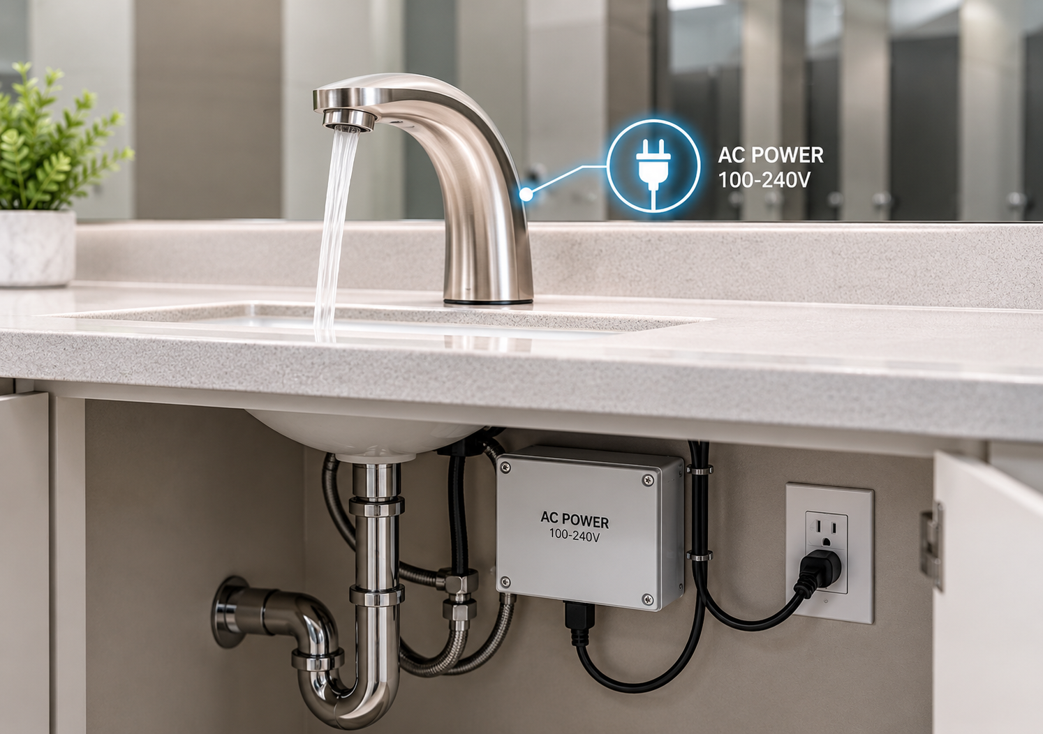 Modern commercial touchless faucet installation