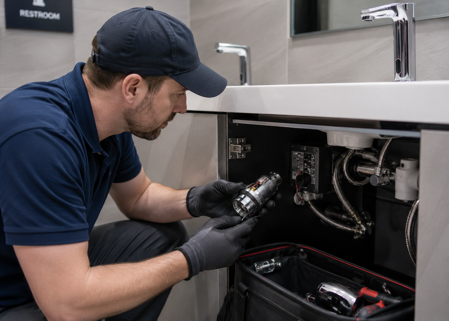 Technician repairing commercial sensor faucet