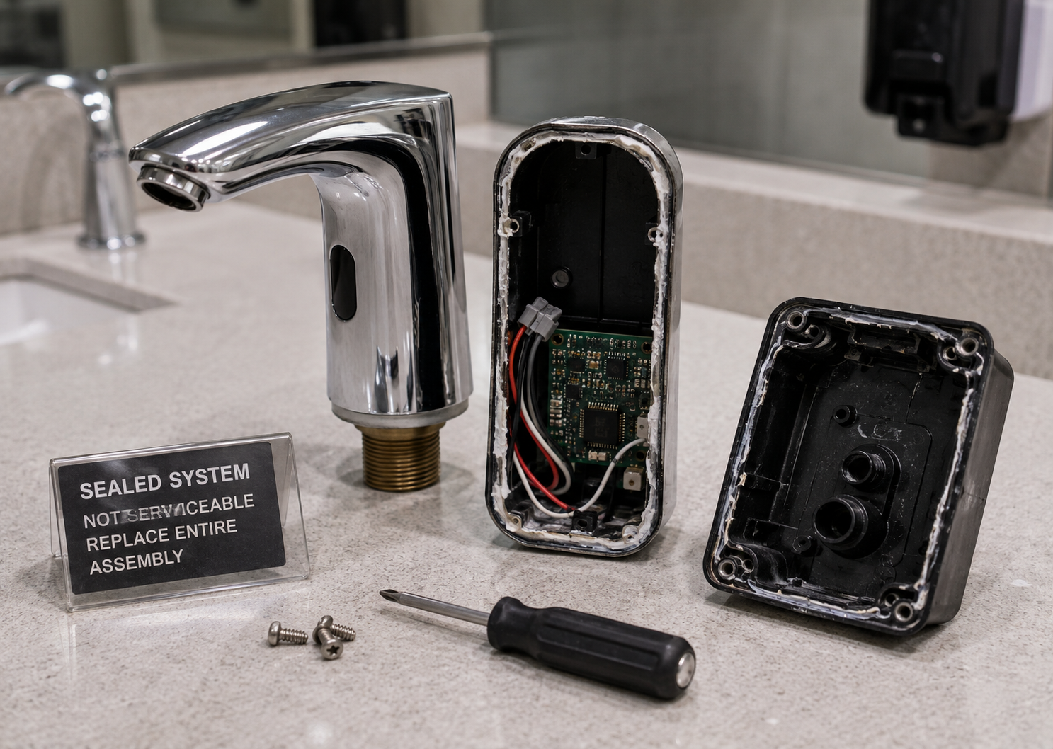 Maintenance technician servicing commercial faucet