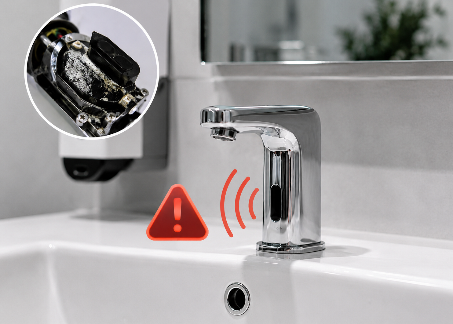 Broken sensor faucet in public restroom