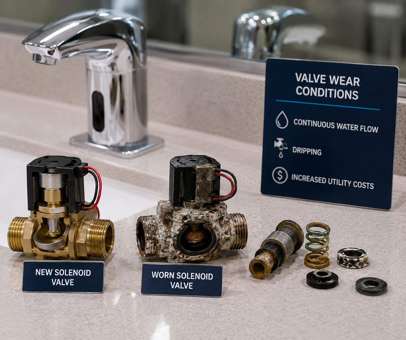 Commercial restroom faucet leaking water